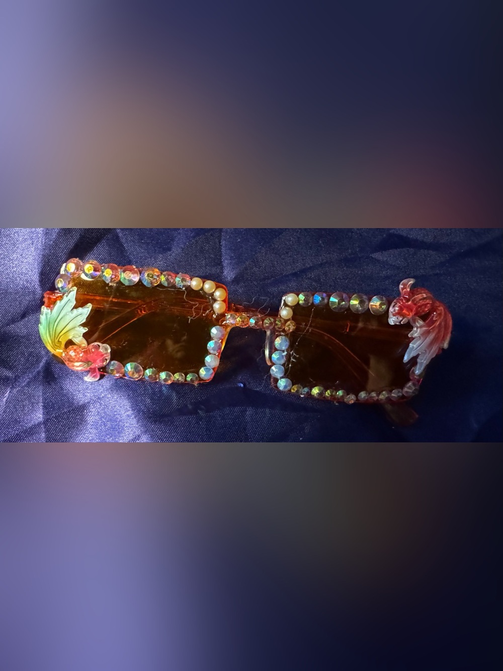 Embellished Amber Tinted Rectangle Sunglasses with Rhinestones and Pearls